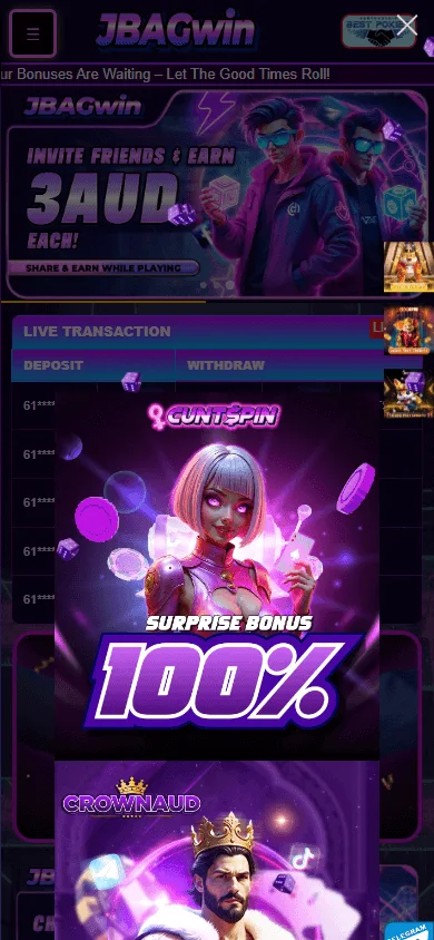 Jbagwin Casino game catalogue on a mobile device