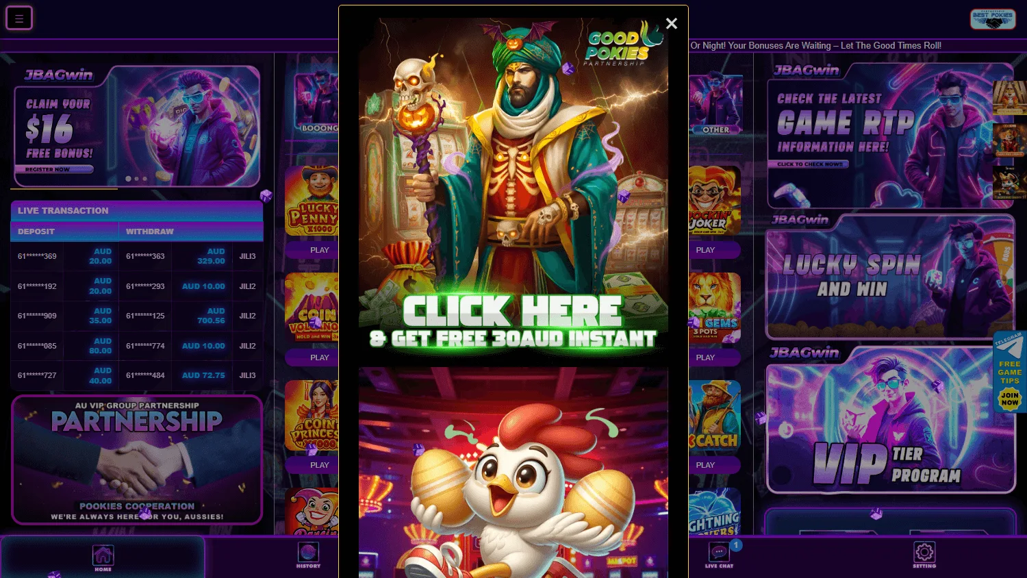 Jbagwin Casino game catalogue on desktop