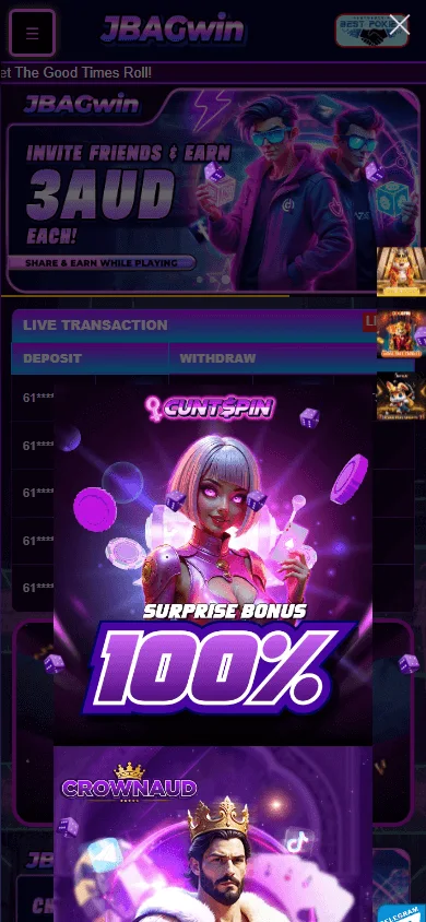 Jbagwin Casino home experience on a mobile device